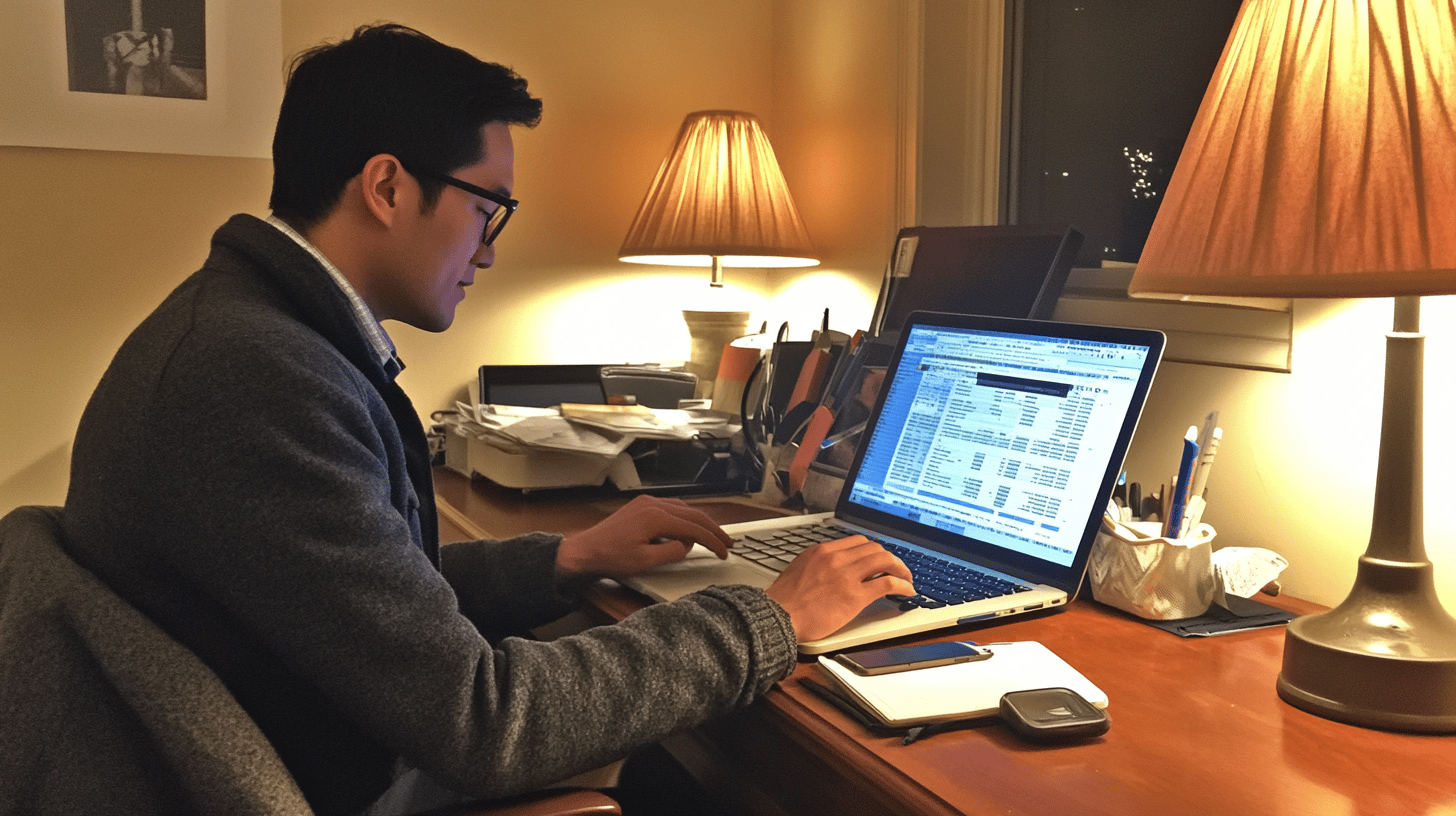 Marketer reviewing link building data on a laptop at a lamp-lit desk